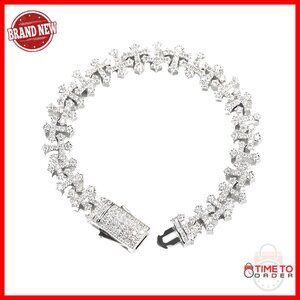 Sterling Silver Iced Out Cross Link Bracelet Hip Hop Jewelry 7 Inch